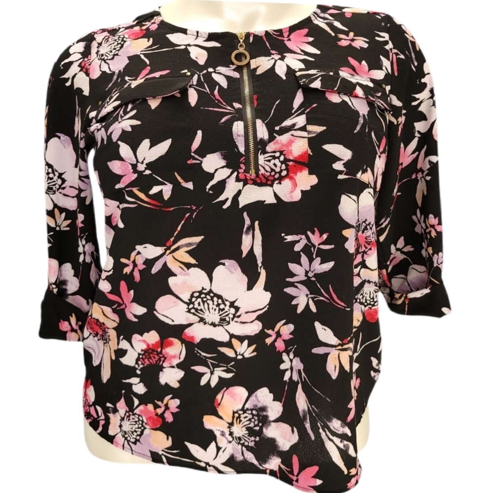 Croft & Barrow Womens L Top Blouse Floral 1/2 Zip 3/4 Roll Tab Sleeve Pullover